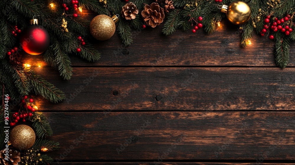 Canvas Prints Tree branches with golden stars, fir cones, and beads on dark wooden background. Frame, berries, and lanterns. Christmas and New Year's atmosphere. Stock Photo.