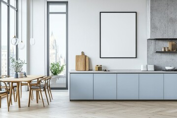 Fototapeta premium Poster Mockup in Kitchen Interior with White Wall created with Generative AI