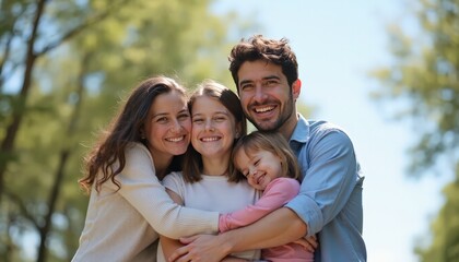 Happy Family Embracing Outdoors Creating Memories, Joyful Parents and Children Bonding in Nature During Holiday Vacation
