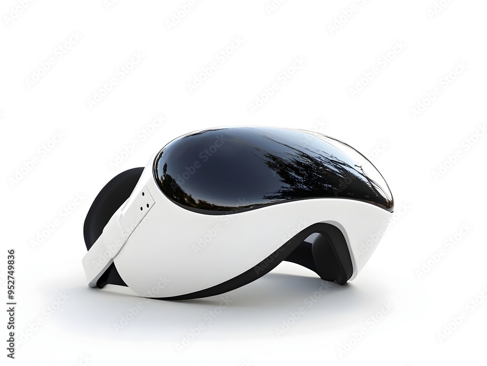 Poster futuristic virtual reality headset with smooth curves and minimalist design on isolated white backgr