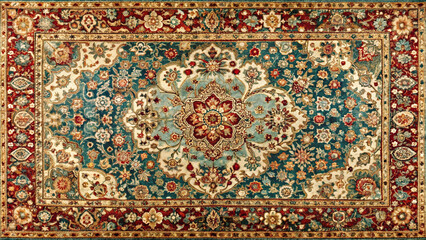 Texture old of traditional Persian carpet red turquoise pattern. Oriental rug with intricate pattern