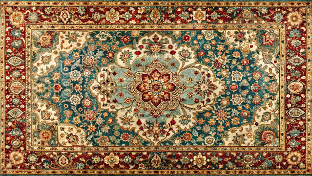 Texture old of traditional Persian carpet red turquoise pattern. Oriental rug with intricate pattern
