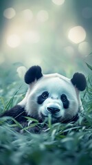 Fototapeta premium An adult panda resting peacefully in a field of green grass, with a blurred light color background for emphasis