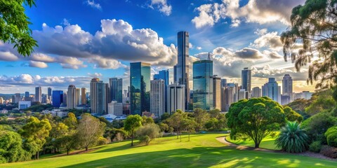 Brisbane skyline view from the park with lush greenery in the foreground, Brisbane, skyline, cityscape, park