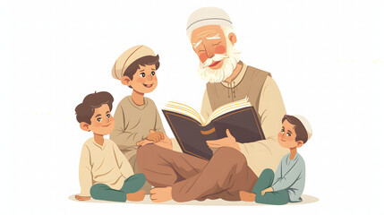 grandfather reading a story from a book to his grandsons, grandpa sitting on the floor to children, an old man with kids, 2d children's book illustration soft pastel colors, png arab Muslim arabic