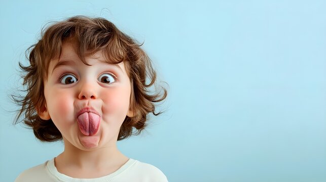A child making a silly face with exaggerated features, surrounded by a light blue background, with plenty of copy space