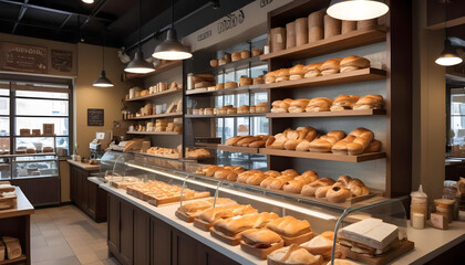A cozy bakery filled with a variety of freshly baked bread and pastries, displayed on shelves and counters in a warm, inviting setting.
