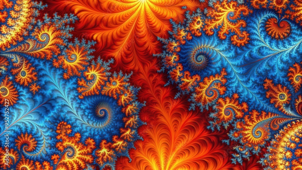 Poster abstract fractal art background with orange, red, and blue spots and lines, perfect for design with 