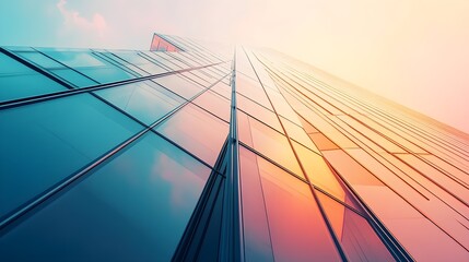 Fototapeta premium A modern skyscraper reflecting the sunset, showcasing a blend of glass and steel, with a light solid color background