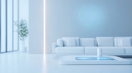 Modern living room with minimalist design, featuring a sleek sofa and smart coffee table in a bright, airy space.