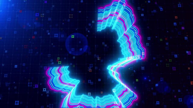Motion view of Germany map outlined with neon lines, dynamically glowing on a futuristic grid background with colorful, abstract HUD squares creating a digital 3D effect.