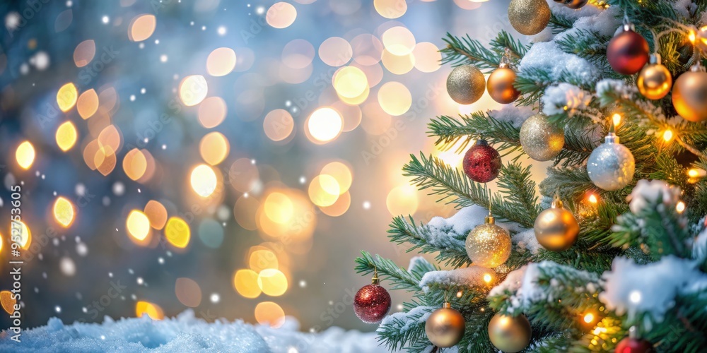 Aufkleber blurred glowing lights on a christmas tree with ornaments and bokeh lights against a snowy backgroun