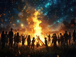 Fototapeta premium Silhouettes of people gathered around a large campfire under a dramatic sky.