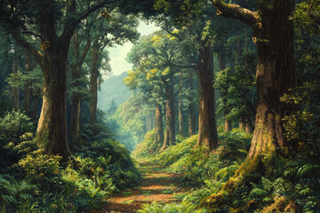 Obraz premium Serene Pathway Through Ancient Forest