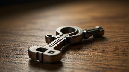 House key resting on a wooden table with natural Light
