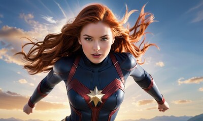 A woman in a superhero suit flies confidently under a bright sky, showcasing strength and determination. The image captures the essence of heroism and adventure.