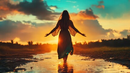 Silhouette of woman walking through water at sunset.