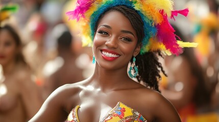 Fototapeta premium Vibrant carnival celebration featuring a joyful woman adorned in colorful attire and a lively feathered headdress.