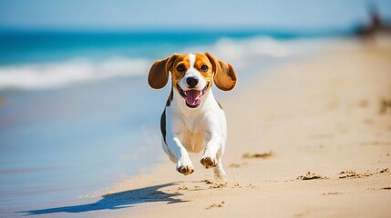 Beagle running happily along a sandy beach with the ocean in the background