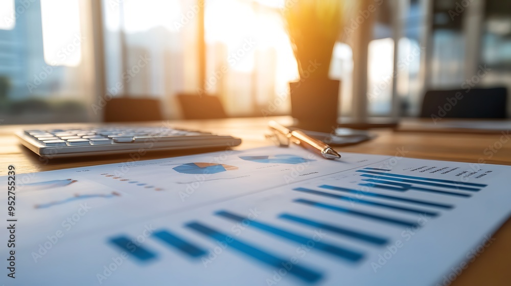 Poster financial data analysis with charts and a calculator on a desk