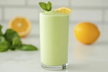 Fototapeta premium A refreshing green tea smoothie packed with fresh ingredients sits vibrantly on a sunny kitchen countertop, ready to energize your day.