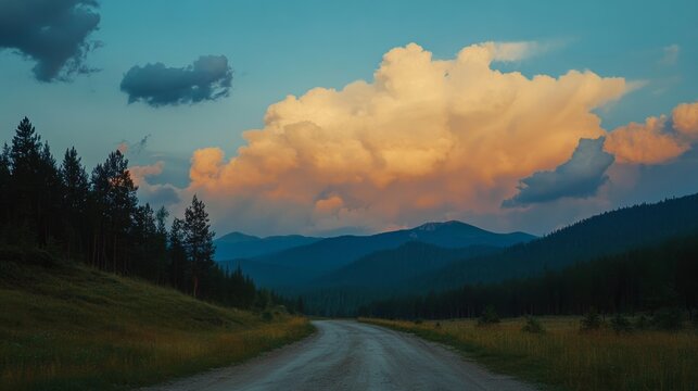 Summer eve mtn to pine, some clouds, vertical