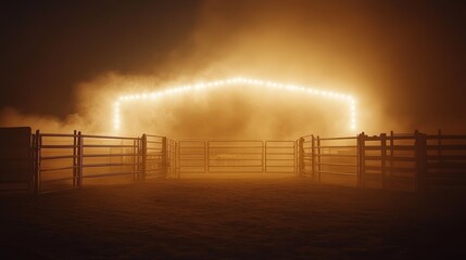 An isolated white background with bright lights illuminates a desolate rodeo arena. The arena possesses bright lights, smoke, and a desolate setting.