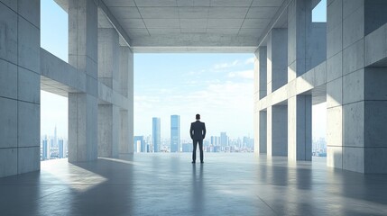 Fototapeta premium Businessman in contemporary concrete interior, city view.