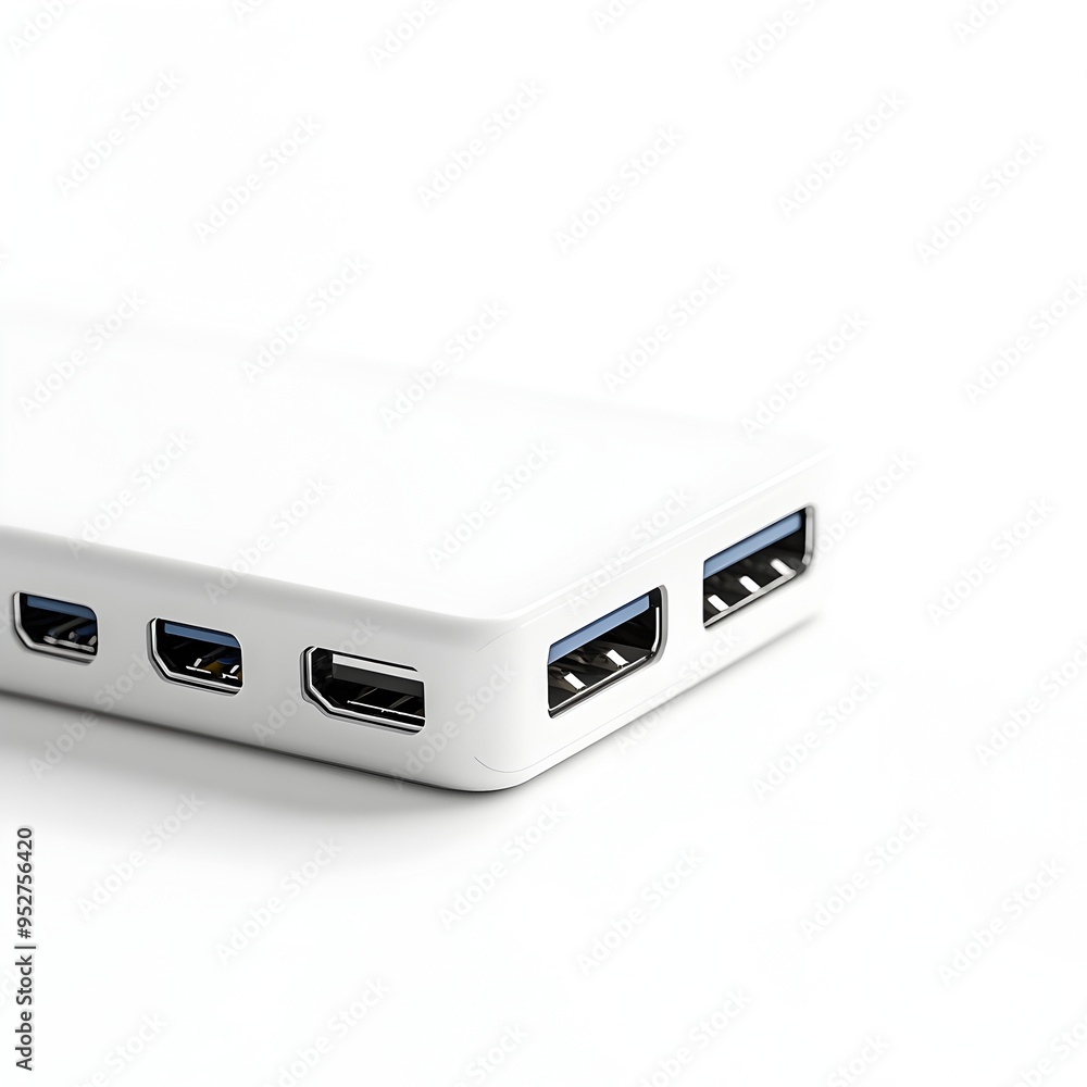Poster sleek and modern usb c hub resting elegantly on pristine white background