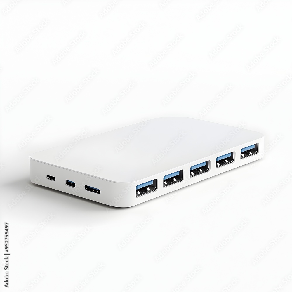 Poster sleek and modern usb c hub resting on a pristine white background