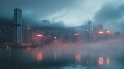 Naklejka premium HK City misty morning