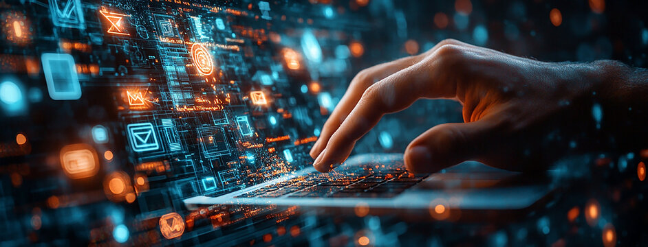 technological background illustration with typing hand and laptop computer, high tech digital background, blue and red vibrant screens with copy space