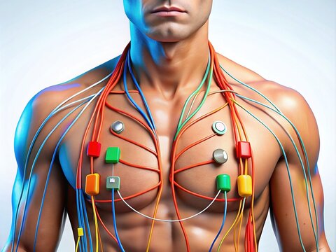 Colorful illustration of the correct placement of 5 leads on a human torso, showing V1-V6 electrodes on the chest, with wires and cables attached.