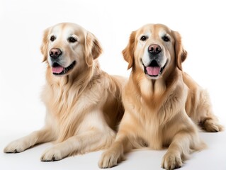 Two Golden Retrievers sitting together on a white background