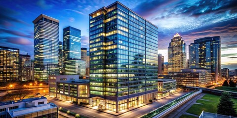 Glass high rise building glowing in the modern downtown skyline at night, cityscape, skyscraper, urban, architecture