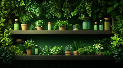 Fototapeta premium Herbal Apothecary Shelf with Lush Greenery
