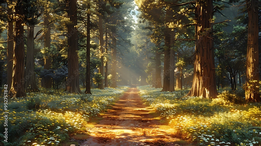 Poster a dirt path winds through a lush forest, sunlight filtering through the trees and illuminating the w