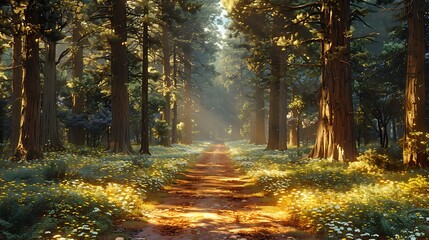Obraz premium A dirt path winds through a lush forest, sunlight filtering through the trees and illuminating the wildflowers.
