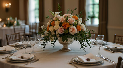 Close-Up of Wedding Reception Decor with Flower Arrangements on Table

