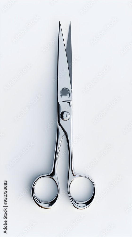 Poster sleek metallic scissors with precision honed edges suspended in crisp white setting