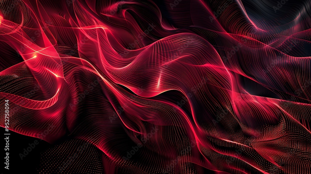 Poster a striking abstract background with flowing red lines intertwined with black, enhanced by subtle lig