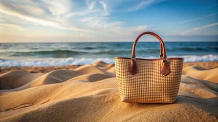 Mockup of a shopper handbag on beach sand background, shopper, handbag, beach, sand, background, mockup, accessory, fashion