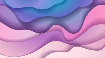 Abstract design showing layered wavy patterns in purple, blue, and pink shades, against a smooth gradient background. Concept of modern, fluid art. Vector illustration