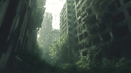 Overgrown abandoned city with crumbling buildings and lush vegetation Post-apocalyptic gritty worn muted desaturated colors heavy textures detailed 3D ruins