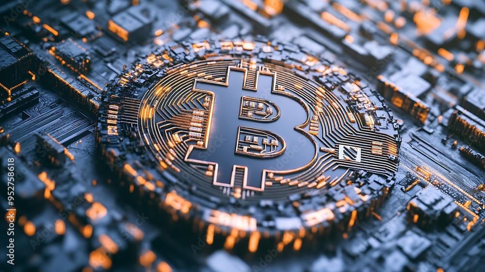 Poster a close-up view of a bitcoin symbol on a circuit board