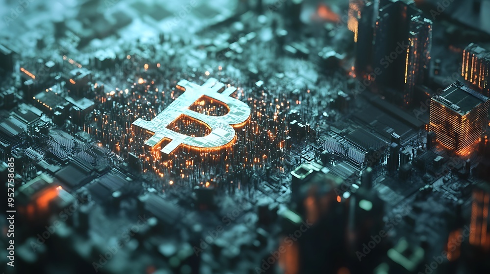Poster bitcoin symbol constructed from illuminated skyscrapers on a futuristic circuit board