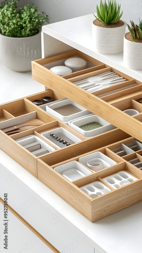 Poster stylish desktop drawer organizers in assorted modern materials and finishes displayed on pristine wh