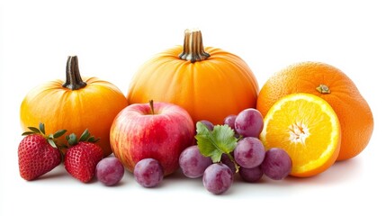 Apples, grapes, orange, pumpkin, strawberries on white