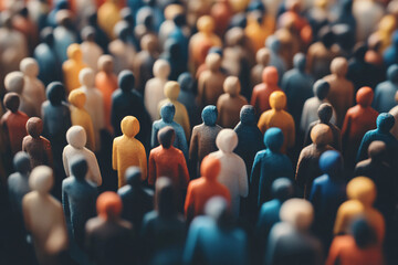 Obraz premium A dense crowd of small, colorful wooden figures represents diversity and togetherness, viewed from above in a soft focus