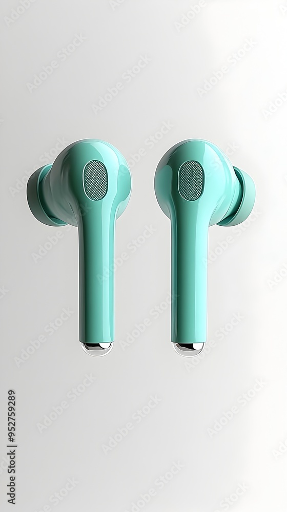 Poster teal earbuds with streamlined design and intuitive controls isolated on white background